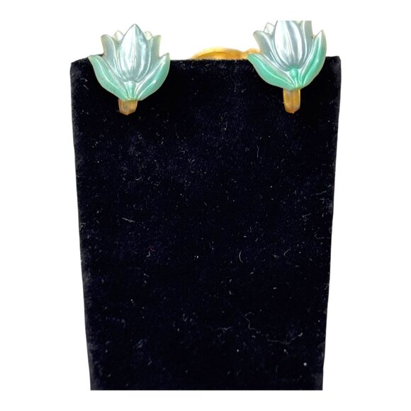 Vintage Floral Clip-On Earrings Pastel Blue Tulip 3d Flower Petite Small Girl - Picture 3 of 7